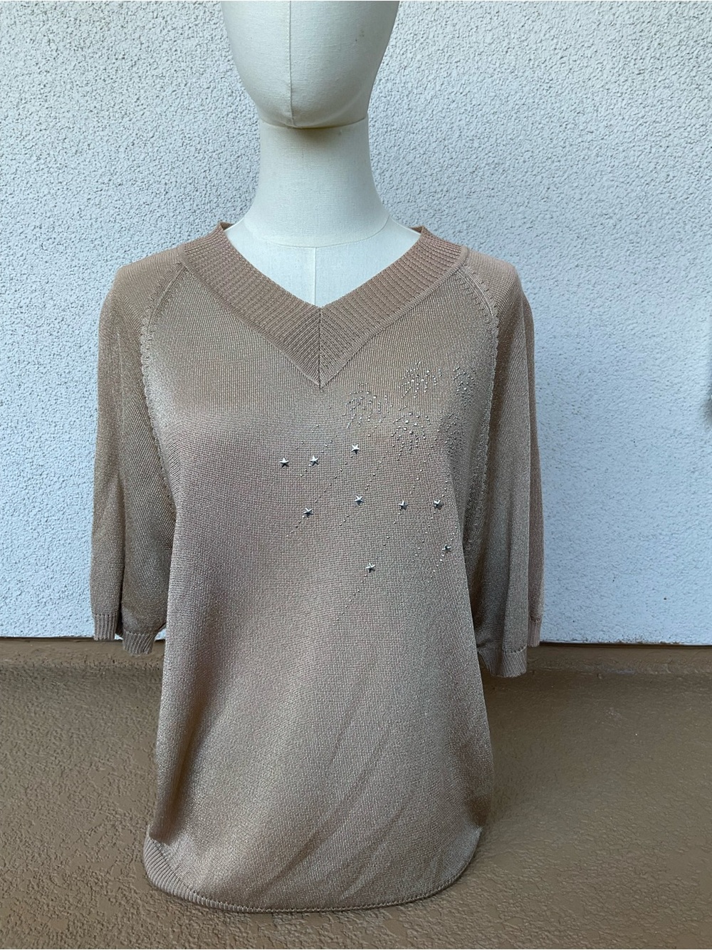 V-Neck Short Sleeve Sweater with Star Studs - Beige